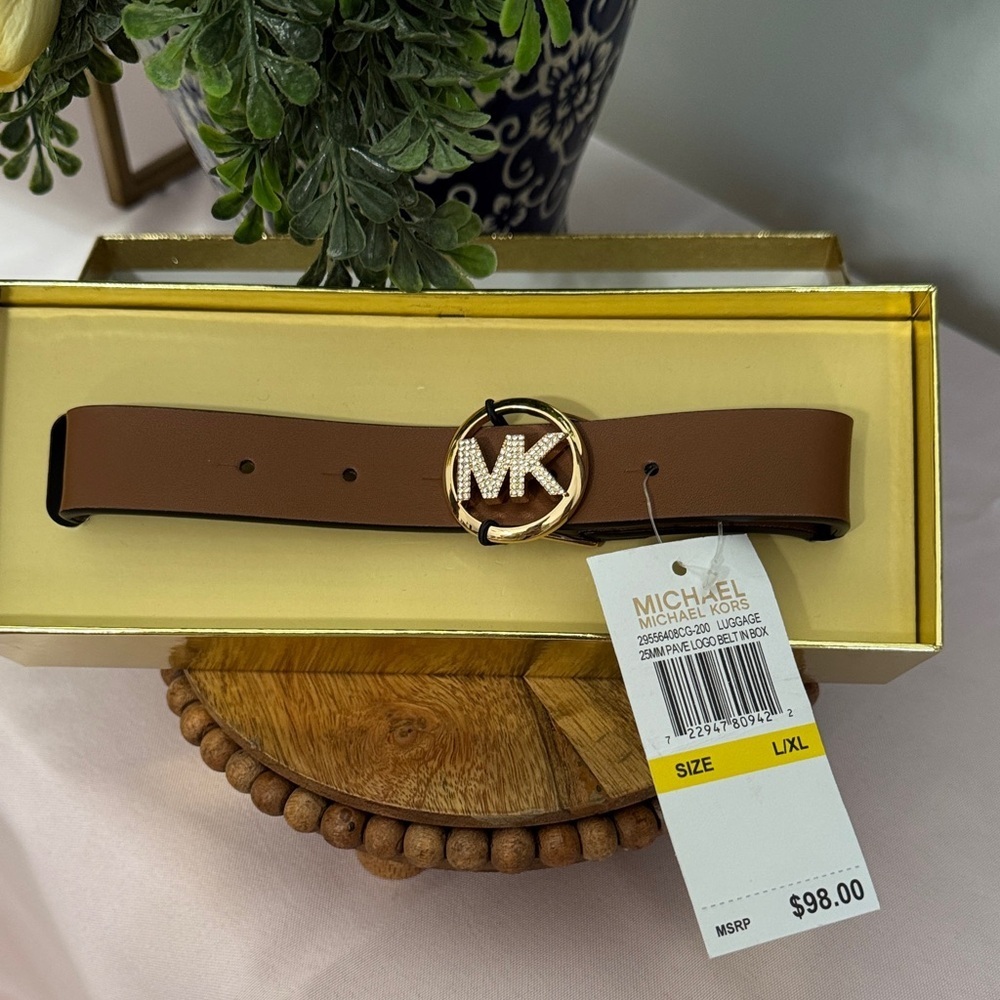 Michael Kors Brown Leather Belt with Gold MK Logo NIB